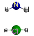 Which represents the result of mixing equal volumes of 1 M HCl and 1 M NH<sub>3</sub> solutions? (Each sphere represents 1 mol of ions.) A.    B.    C.    D.    E.  