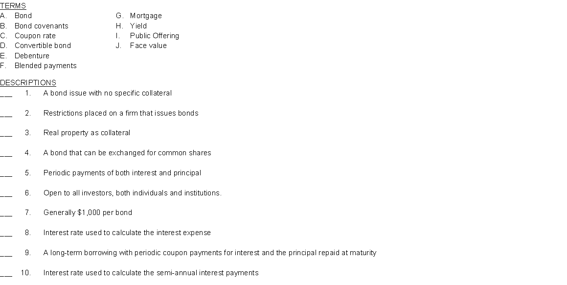 Listed below are various bond terms followed by a series of descriptions of bond characteristics. Match the terms to the descriptions by placing the appropriate letter in the space provided.  