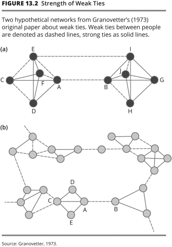 <strong>These hypothetical networks show that people who maintain weak ties often have what advantage? They </strong> A)quickly accept strong ties when strong ties become available. B)have a higher degree of centrality,which is associated with higher social status. C)tend to have access to more distant regions of a network. D)intensify strength in the few ties that they do have.