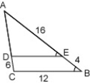  Using 6ABC~6AED, find the length of DE.    A) 9.6  B)   \frac{80}{3}  C)  48 D)  15 
