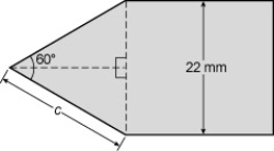 A piece of round steel is milled to a point at one end. The angle formed by the point is the angle of taper. If the steel has a 22-mm diameter and a 60° angle of taper, find the length c of the taper.   A) 19.1 mm B) 21 mm C) 22 mm D) 11 mm