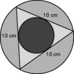  Find the difference in the area of a circle circumscribed about an equilateral triangle with sides of 10 cm and the area of the circle inscribed inside the same equilateral triangle.    A)   26.18 \mathrm {~cm} ^ { 2 }  B)   314.16 \mathrm {~cm} ^ { 2 }  C)   104.72 \mathrm {~cm} ^ { 2 }  D)   78.54 \mathrm {~cm} ^ { 2 }