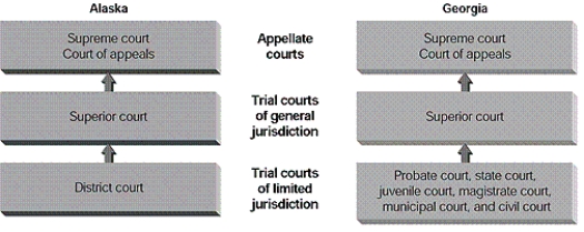 According to the figure,why is Georgia considered to have an unreformed court structure? ​   A) It has neither reduced the number of courts nor standardized their names. B) It has fewer trial courts of limited jurisdiction than Alaska. C) It uses a nonstandard name for the appellate courts. D) It uses a nonstandard name for the trial courts of general jurisdiction.