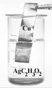 Write the net ionic equation for the reaction between copper and AgC<sub>2</sub>H<sub>3</sub>O<sub>2</sub>.The apparatus for the reaction is shown below.   Regard all salts containing acetate ion as soluble in water.Copper is above silver in the activity series.What will appear on the product side of the balanced net ionic equation? A) Cu(s) + 2 Ag<sup>+</sup>(aq)  B) Cu<sup>2+</sup>(aq) + 2 Ag(s)  C) C<sub>2</sub>H<sub>3</sub>O<sub>2</sub><sup>-</sup>(aq) + Ag<sup>+</sup>(aq)  D) Cu(aq) + 2 Ag<sup>+</sup>(s)  E) 2 Cu(s) + AgC<sub>2</sub>H<sub>3</sub>O<sub>2</sub>(aq) 