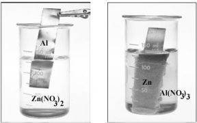 Examine the following two beakers.   When the equation for this reaction is balanced,what should the coefficient of Al? A) 1 B) 2 C) 3 D) 4 E) 6