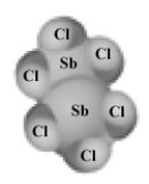 Examine the following molecule.The component atoms are labeled.   What is the empirical formula for this substance? A) SbCl<sub>2</sub> B) SbCl<sub>3</sub> C) Sb<sub>2</sub>Cl<sub>6</sub> D) SbCl E) Sb<sub>2</sub>Cl