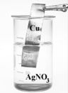 Consider the following beakers.In the beaker on the left copper metal is placed in a solution of silver nitrate.The reaction is allowed to run for 60 minutes producing the products shown on the right.     The equation for the oxidation half-reaction would be: A)    B)    C)    D)   