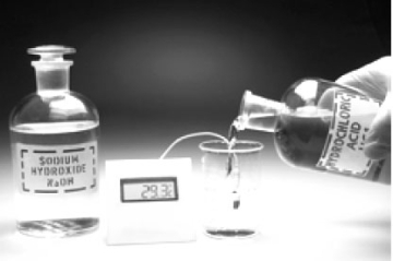  Aqueous HCl is added to an aqueous solution of NaOH at 25 °C and the result is shown in the figure below.   Which of the following correctly characterizes this reaction? A) The reaction is exothermic. B) The  \Delta H for the reaction has a + sign. C) Energy could be considered to be a reactant in the equation for the reaction. D) The energy (enthalpy) of the products is greater than the reactants. E) This reaction consumes energy. 