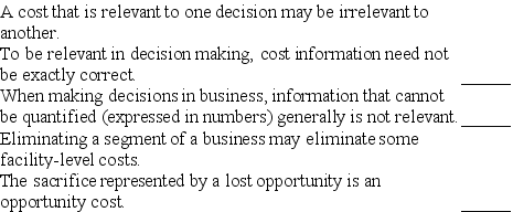 Indicate whether each of the following statements is true or false.   