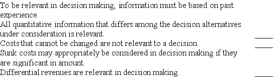 Indicate whether each of the following statements is true or false.   