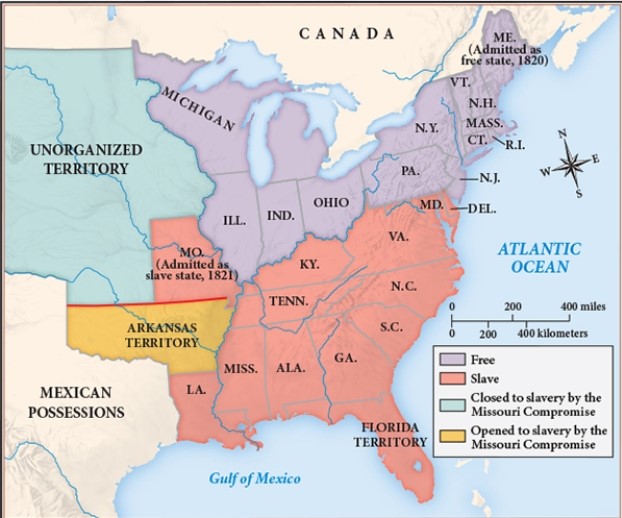 For this question,refer to the following image.   The issues highlighted in the map above led most directly to A)  a truce over the issue of slavery. B)  a sequence of wars to control American Indian populations. C)  a debate about whether to expand into new territories. D)  U.S.interest in increasing foreign trade.