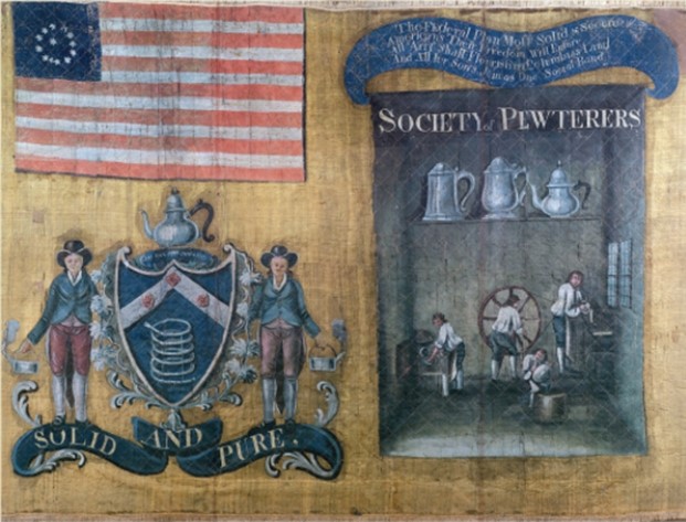 For this question,refer to the banner of the Society of Pewterers of New York City,carried in the Federal Procession,July 23,1788,celebrating the ratification of the U.S.Constitution. The ribbon at top right reads, The Federal Plan Most Solid & Secure/Americans Their Freedom Will Endure/All Art Shall Flourish in Columbia's Land/And All her Sons Join as One Social Band.    The ideas expressed in the image above most clearly show the influence of A)  the creation of political parties to promote the agendas of various regional interest groups. B)  radical and populist movements pushing more extensive reforms. C)  the Market Revolution's widening of the gap between the emerging middle and working classes. D)  the development of a culture reflecting the interests of an emerging urban middle class.