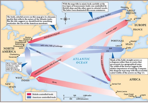 For this question,refer to the following map, The Growing Power of the American Merchant,1750.    This map would be most useful to historians analyzing A)  the differences in imperial goals in the various European models of colonization. B)  the growing mistrust between colonial settlers and European leaders. C)  mercantilist aims and priorities of Britain in the Atlantic world. D)  the growth of ideas on race in this Atlantic System.