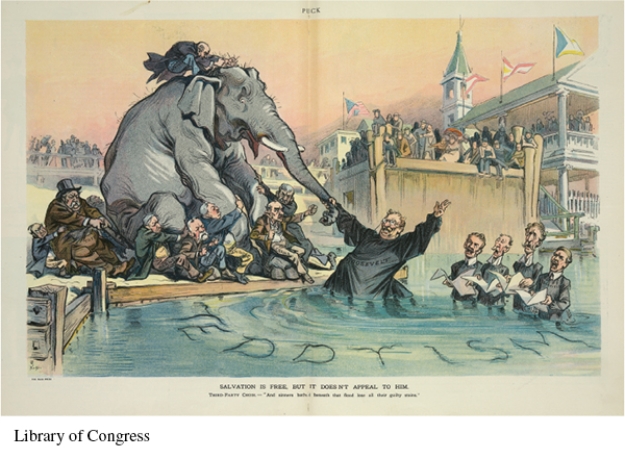 For this question,refer to the following 1912 cartoon from the political humor magazine Puck.   The cartoon above was most likely created in response to the A)  attempts of progressive reformers to reform existing political institutions. B)  calls for the creation of a stronger financial regulatory system due to episodes of credit and market instability. C)  transformation of American society and the nation's economy by the continued growth of large corporations. D)  aims of big business leaders and their allies in government to create a unified industrialized nation.