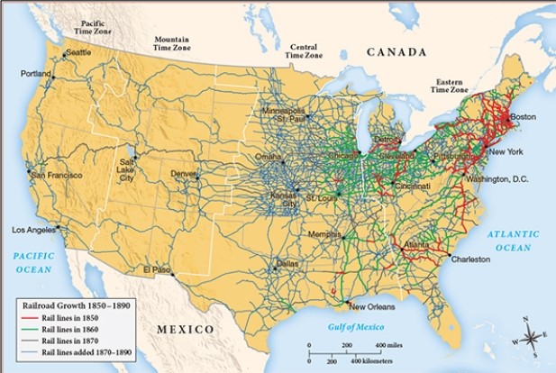 For this question,refer to the following map, Expansion of the Railroad System,1870-1890.    The process depicted in the map above reflects A)  competition for land and violent conflict. B)  conflicts between business interests and conservationists. C)  the environmental transformation of regions. D)  increased migrations from Asia and Central and Eastern Europe.