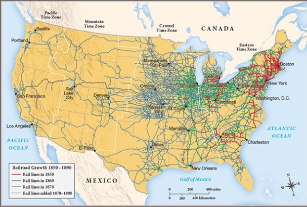 For this question,refer to the following map, Expansion of the Railroad System,1870-1890.    Which of the following was a major cause of the historical process depicted on the map above? A)  Government policies promoting economic development B)  White people seeking religious refuge in the West C)  Corruption in government,especially as it related to big business D)  An increase in international and internal migrations