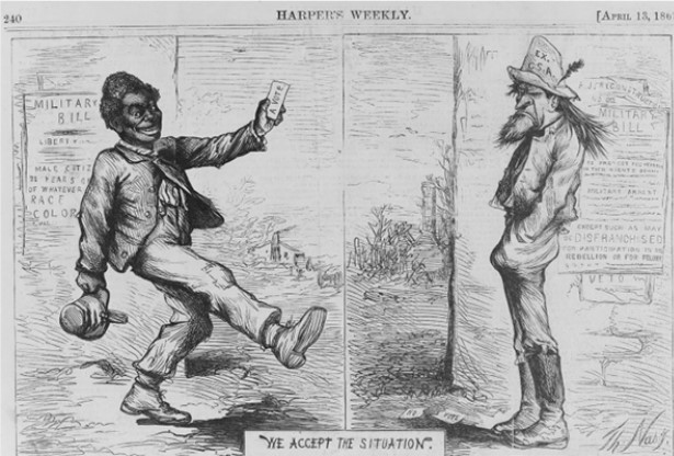 For this question,refer to the following Thomas Nast cartoon from Harper's Weekly,April 14,1867.   The controversy depicted in the cartoon above led most directly to A)  a waning of resolve on the part of the North to secure African American rights and change southern culture. B)  the permanent opening up of political opportunities to former slaves. C)  increasingly prominent racist and nativist theories being used to justify discrimination and segregation. D)  the call by southern leaders for a  New South. 