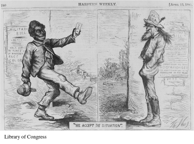 For this question,refer to the following Thomas Nast cartoon from Harper's Weekly,April 14,1867.   Which of the following groups would be most likely to support the perspective of the cartoon? A)  Women activists B)  Union movements C)  Immigrants D)  Ex-Confederates
