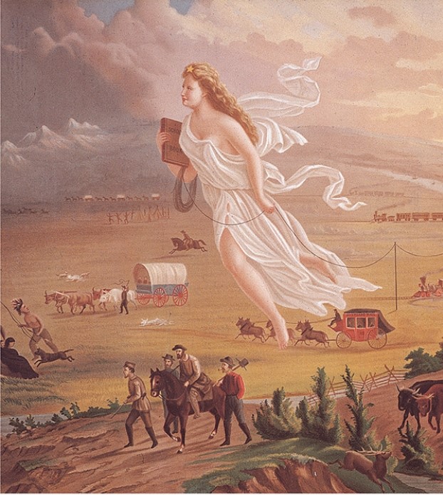 For this question,refer to John Gast's 1872 painting,American Progress.   The sentiments expressed in the painting led most directly to A)  an increase in the internal slave trade. B)  the emergence of the Republican Party in the North and Midwest. C)  environmental transformation of the western region. D)  questions about the status and legal rights of Hispanics and American Indians.