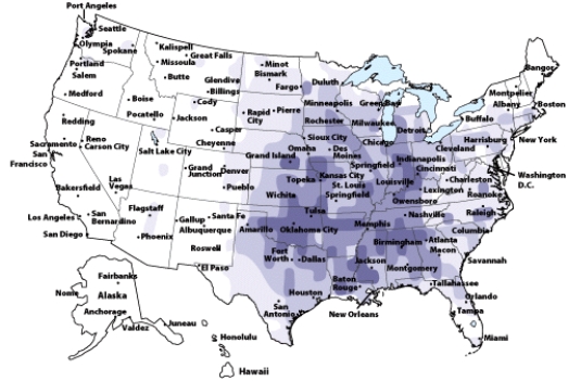 This figure shows the distribution of _______ occurrence in the United States.   A) thunderstorm B) tornado C) wave cyclone D) hurricane