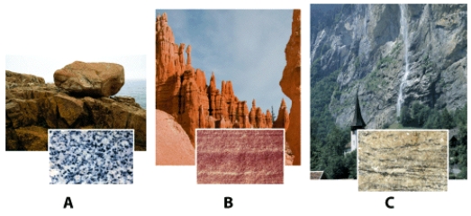 Which rock sample is formed from cooling and solidifying magma?   A) sample A B) sample B C) sample C D) none of these