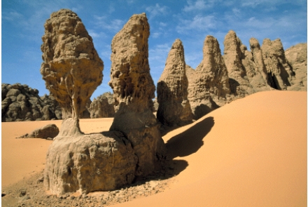 Sandstone pillars such as the ones in the figure below are features that can be found in the southwestern US, but are unusual in the southeastern US. Which of the following explanations best account for this?   A) There is no sedimentary rock in the southeastern US B) Climatic differences dictate the form and nature of landforms C) Buttes in the southeastern US have been cleared for human development D) Natural forces of landscape change are different E) none of these