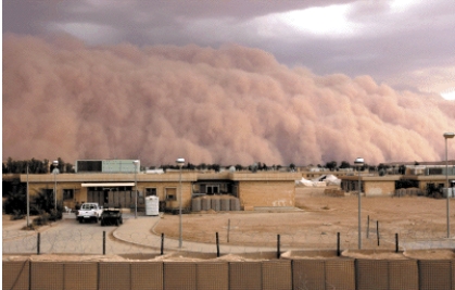 Which of the following particle sizes composes large dust storms that extend hundreds of meters off the ground as in the one pictured below?   A) pebbles B) fine dust C) sand D) sand and pebbles E) gravel
