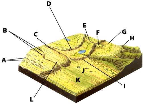 <strong>On the illustration, the landform at E is a(n): </strong> A)arête B)recessional moraine C)terminal moraine D)esker