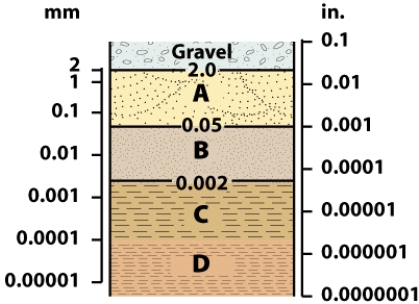 <strong>On the illustration, the letter that represents sand-sized particles is:  </strong> A)A B)B C)C D)D <div style=padding-top: 35px> 
