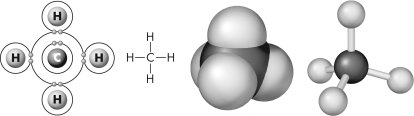 Shown are four different representations of methane.Letter ________ shows a structural formula. A B C D
