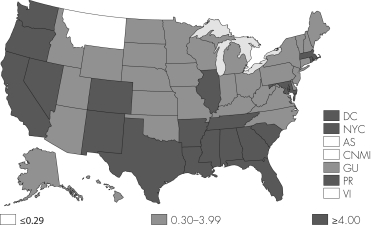 This map shows the incidence of syphilis in the United States in 2012.Based on the map shown,which of the following statements is true?   A)  Efforts to prevent syphilis in the southern states failed to prevent an increase in the number of new cases in 2012. B)  No individuals in Montana were infected with syphilis in 2012. C)  The number of new cases of syphilis was higher in Texas than it was in North Dakota in 2012. D)  The total number of active cases of syphilis in 2012 was highest in the southern states.