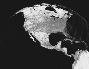 This figure shows the pattern of short-range and long-range transportation connections.Which of the following accurately describes the connection between these patterns and infectious diseases?   A)  Areas with more connections tend to experience fewer disease outbreaks because people are exposed to more microbes. B)  Blood-borne pathogens tend to follow transportation routes, but respiratory infections do not. C)  The rapid introduction of pathogens from one area to another strongly correlates with modern travel routes. D)  Patterns of modern transportation routes strongly correlate with social inequality and host susceptibility.