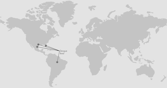 This figure shows locations where cases of Dengue fever are increasing.Dengue fever is caused by a virus transmitted by Aedes genus mosquitoes.Warmer temperatures and increased precipitation both influence populations of Aedes mosquitoes.Which of the following statements represents the best prediction for future outbreaks of Dengue fever?   A)  Aedes mosquitoes and Dengue fever will become extinct as both temperature and precipitation decrease in tropical regions. B)  Dengue fever outbreaks will remain restricted to a few locations because mosquitoes are unable to expand their range. C)  Humans will become immune to Dengue fever as more individuals are exposed to the virus. D)  Climate change will lead to Dengue fever outbreaks in once-temperate areas north and south of the sites of current outbreaks.