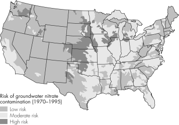 Explain the pattern of groundwater nitrate contamination risk shown in this map.   