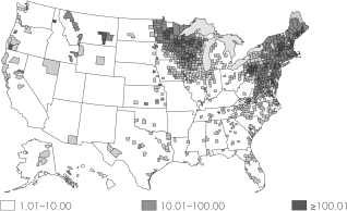This map shows the incidence of Lyme disease in the United States in 2012.Based on the map shown,which of the following statements is true?   A)  Lyme disease exhibits geographical clusters in the Northeast. B)  A decrease in Lyme disease vaccinations led to an increase in Lyme disease incidence in 2012. C)  Lyme disease is maintained in a reservoir that is restricted to the Northeast. D)  The number of Lyme disease cases has been steadily increasing since the 1970s.