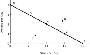 <strong>The accompanying figure shows Becky's daily production possibilities curve for dresses and skirts. The maximum number of skirts that Becky can make in a day is represented by point:</strong> A)U B)T C)V D)Z
