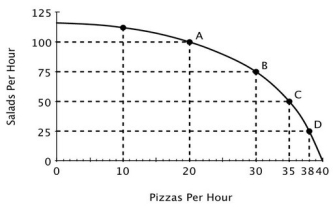 Refer to the accompanying figure. Moving from point B to point A, the opportunity cost of 25 more salads is:   A) 5 pizzas. B) 10 pizzas. C) 15 pizzas. D) 20 pizzas.
