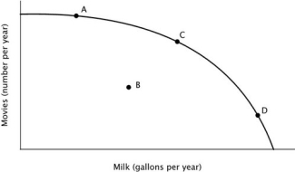Refer to the accompanying figure. At point D, the opportunity cost of making milk is:   A) low because the economy is specializing in making milk. B) high because productive resources that are better-suited to making movies are not being used to make milk. C) high because productive resources that are better-suited to making movies are being used to make milk. D) high because the economy is not operating efficiently.