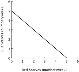 The accompanying figure shows Avery's weekly production possibilities curve for scarves.       Avery's PPC would shift outward if she: A) knits more red scarves and fewer blue scarves each week. B) devotes less time to knitting each week. C) devotes more time to knitting each week. D) knits fewer red scarves and more blue scarves each week.