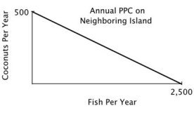 You are the Minister of Trade for a small island country with the following annual PPC:   You are negotiating a trade agreement with a neighboring island with the following annual PPC:     As soon as you see the other island's PPC, you realize there are: A) no gains from trade because you both have the same comparative advantage. B) no gains from trade because there is no difference in your ability to harvest coconuts. C) no gains from trade because the other island has an absolute advantage. D) gains from trade because your island has a comparative advantage in coconuts.