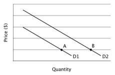 Refer to the accompanying figure. Assume the slopes of the two demand curves are the same. Let eA denote the price elasticity of demand at point A, and let eB denote the price elasticity of demand at point B.   Which of the following statements is correct? A) eA > eB B) eA < eB C) eA = eB D) eA ÷ eB < 0