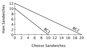 Refer to the accompanying figure.   If Zeynep's current budget constraint is BC2, and her budget for ham sandwiches and cheese sandwiches is $120, then the price of a cheese sandwich is: A) $2. B) $6. C) $9. D) $12.