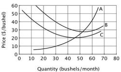 The accompanying graph shows the cost curves for Moe's mushroom gathering business, which is perfectly competitive.   The curve labeled A is upward sloping because: A) of high fixed costs. B) of diminishing returns to Moe's variable factors of production. C) an increase in the demand for mushrooms increases the supply of mushrooms. D) variable costs increase as output increases.