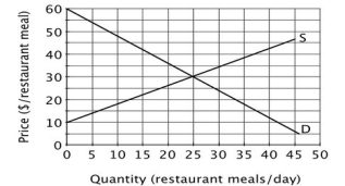 Refer to the accompanying figure. When this market is in equilibrium, total producer surplus in the market is ________ per day.   A) $500 B) $375 C) $250 D) $0