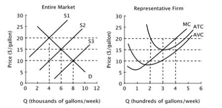 <strong>Assume that all firms in this industry have identical cost curves, and that the market is perfectly competitive. If the market supply curve is given by S3, then we would expect firms to:</strong> A)exit the market in the long run. B)enter the market in the long run. C)neither exit nor enter the market in the long run. D)shut down in the short run.