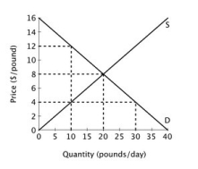 The figure below shows the supply and demand curves for oranges in Smallville.   The marginal buyer values the tenth pound of oranges at ________. A) $0 B) $4 C) $8 D) $12