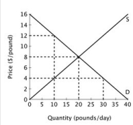 The figure below shows the supply and demand curves for oranges in Smallville.   At a price of $4 per pound there will be an excess ________ of ________ pounds of oranges per day. A) supply; 20 B) demand; 30 C) supply; 10 D) demand; 20