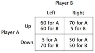 <strong>Consider the accompanying payoff matrix. What is player A's dominant strategy?</strong> A)Up B)Down C)Left D)Right