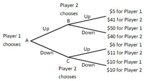 Player 1 and Player 2 are playing a game in which Player 1 has the first move at A in the decision tree shown below. Once Player 1 has chosen either Up or Down, Player 2, who can see what Player 1 has chosen, must choose Up or Down at B or C. Both players know the payoffs at the end of each branch.    What is the equilibrium outcome of this game? A) Player 1 and Player 2 both choose Up. B) Player 1 and Player 2 both choose Down. C) Player 1 chooses Up and Player 2 chooses Down. D) Player 1 chooses Down and Player 2 chooses Up.