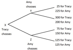 Tracy and Amy are playing a game in which Tracy has the first move at X in the decision tree shown below. Once Tracy has chosen either the top or bottom branch at X, Amy, who can see what Tracy has chosen, must choose the top or bottom branch at Y or Z. Both players know the payoffs at the end of each branch.   In the equilibrium of this game: A) Tracy and Amy both get 125. B) Tracy gets 75 and Amy gets 150. C) Tracy gets 300 and Amy gets 200. D) Tracy gets 25 and Amy gets 225.